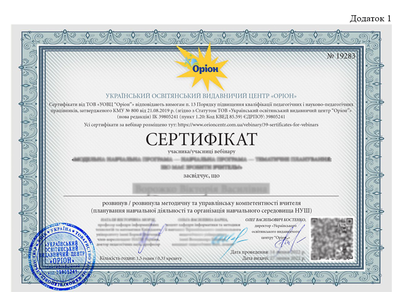 Наказ Оріон. Додаток 1